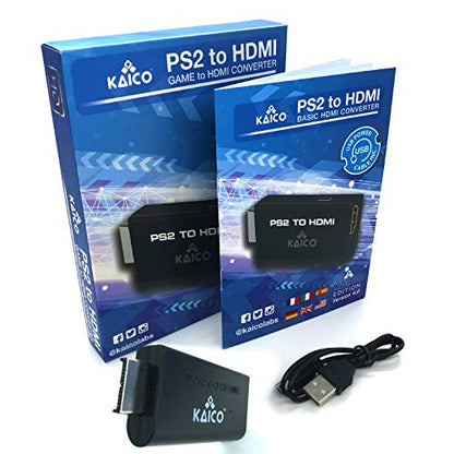 Kaico PS2 to HDMI Adapter for PlayStation 2, Plug & Play HDMI Converter | Supports 480i, 480p, 576i, 576p and 1080i output, with built-in audio, Micro USB power cable, clear video and audio