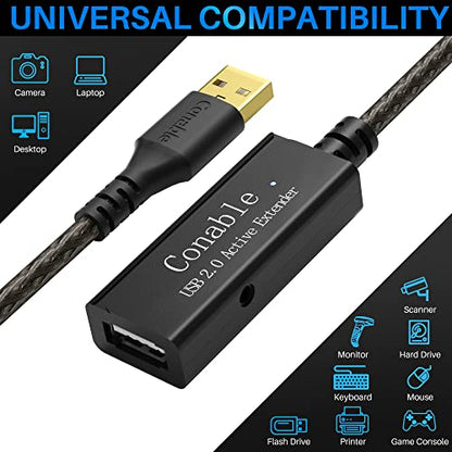 Active USB Extension Cable 100 Feet, USB 2.0 A Male to Female Repeater Cord, with 2 Extension Chipsets Signal Booster, 22AWG Tinned Pure Copper, (AC Power Supply Included) - size: Active 100FT
