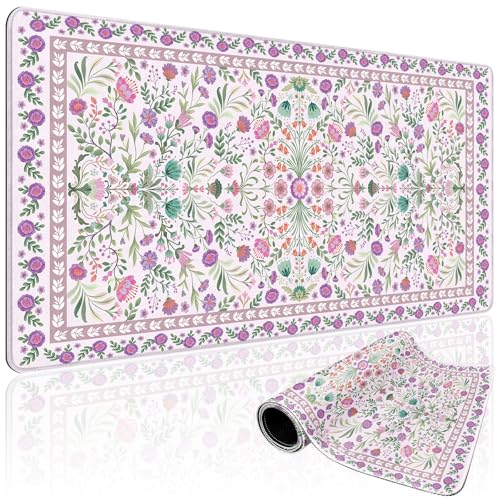 Purple Floral Desk Mat, 31.5"x15.7" Large Mouse Pad, Anti-Slip Rubber Base Keyboard Pad with Stitched Edges, Water-Resistant Smooth Desk Blotter, Computer Mat for Home Office Desk - color: Purple Floral