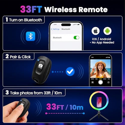 PEYOU 12" Selfie Ring Light with 73" Extendable Tripod Stand and Phone Holder, 38 Color Modes Dimmable RGB Ring Light,3-in-1 Desk & Floor Use for iPhone, Makeup, TikTok, YouTube, Live Streaming