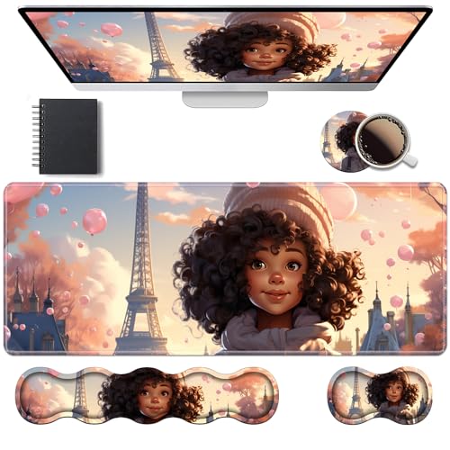 Ergonomic Keyboard Wrist Rest & Mouse Pad Wrist Rest Set, Large XXL Gaming Desk Mat 31.5"x 11.8" with Memory Foam, Easy Typing Pain Relief for Office & Home, Cute African American Girl - color: Cute African American Girl