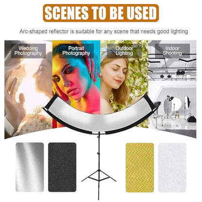 Clamshell Light Reflector Diffuser with Stand and Carrying Bag, 70"x24"/180x60cm Arclight Curved Lighting Reflector for Photo Studio Photography with White/Gold/Silver/Black Colors by MCCKLE