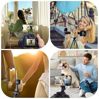 Dual Cold Shoe Phone Mount Holder — Universal Adjustable Smartphone Clamp with Dual Cold Shoe Mounts for Microphone & LED Light, 360° Rotating Ball Head, 1/4"-20 Tripod Screw Compatible