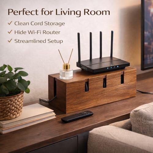 Cable Management Box for Desk & TV, Wooden Cord Hider Box for Power Strips, Chargers & Cords, Decorative Cable Organizer with 20 Reusable Cable Ties, Brown