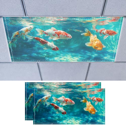 Nuxovilar 2 pack Light Covers for Ceiling Lights Koi Fish Underwater Design Polyester 4x2 Feet Classroom Light Filters Decor for Classroom Home Office - color: LU04022-2pcs