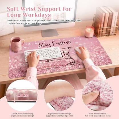 iCasso Mouse Pad,Large Pink Desk Mat Set, 4in1 XXL Mousepad + Keyboard Wrist Rest+Mouse Wrist Rest+Coaster with Ergonomic Desk Pad for Home Office Table Computer Cover -Pink Stay Positive - color: 1-Pink Stay Positive