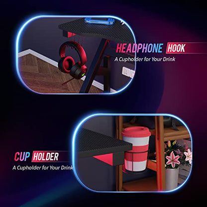 BestOffice | 47" Gaming Desk | Red | Carbon Fiber Textured Computer Desk | Sturdy Steel Frame, Cup Holder, Headphone Hook, Cable Management Holes, Adjustable Leg Pads | for Gamers, Home, Office - color: Red, size: 47 Inch R Shaped