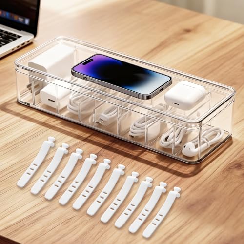 Cable Organizer Storage Box with Lid - Clear Phone Charger Cord Organizer Case - Cables Wire Management Box with Adjustable Compartments 10 Wire Ties for Drawer Desk Office Home Accessories(1 pack) - size: 1 Pack