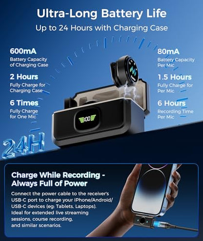 Wireless Lavalier Microphone for iPhone & Android Phones, Noise Reduction & Hi-Fi Audio & 24H Duration & 50M Range, Clips-on Magnetic Lapel Mic for Video Recording/Live Stream/Vlog/Podcast/Interview