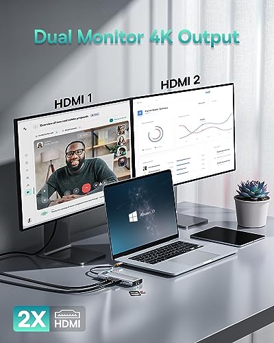 Baseus Laptop Docking Station Dual Monitor 9 in 1 USB C Hub up to 4K@120Hz with 2 HDMI, 1000Mbps LAN, Max 85W PD, 3 USB, SD Card Reader,USB C Dock Compatible with iPhone/Mac/Dell/HP/Surface/Steam Deck - size: 9 in 1