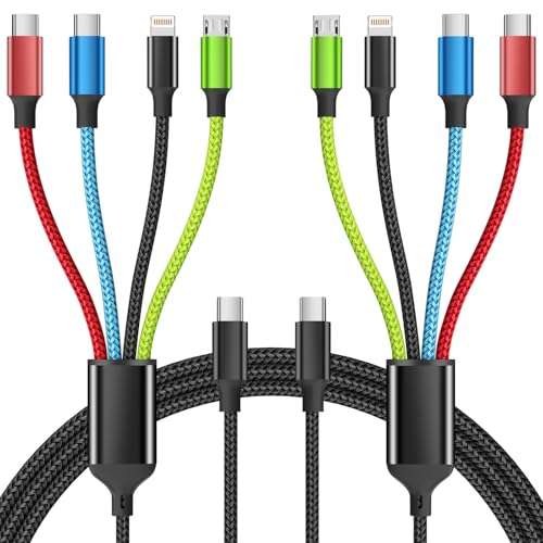 USB C Multi Charging Cable, 4 in 1 Charging Cords with Dual USB C Ports | USB C Input with IP, Dual USB C & Micro Ports, Nylon Braided Phone Charger for Multiple Devices, Travel Essentials - color: Black_Red_Blue_Green2, size: 2Pack 5FT