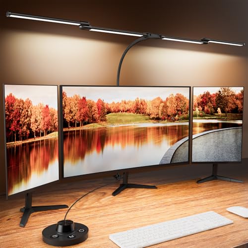 Desk Lamp Clamp Light 24W, Ultra Wide 4 Head Bars, 5 Color Modes Dimming, Multi-Screen Setup for Office, Architect, Black, Aluminum, Adapter Included - size: 4-Head Curved Gooseneck Desk Lamp