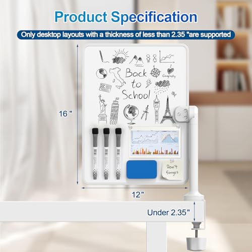 Double-Sided Desk Whiteboard with Dual 360 Swivel - 16" x 12" Clamp-On Desktop Whiteboard for Tables Under 2.3" Thick for Office, Home, School (2pc)