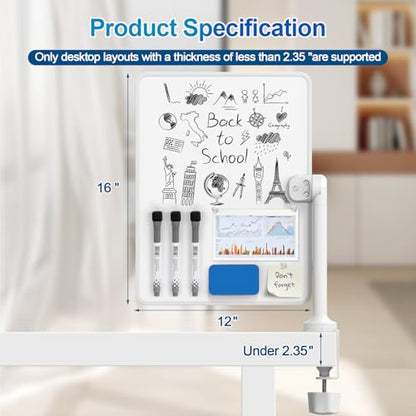 Double-Sided Desk Whiteboard with Dual 360 Swivel - 16" x 12" Clamp-On Desktop Whiteboard for Tables Under 2.3" Thick for Office, Home, School (2pc)