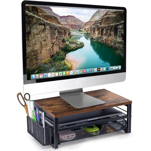 ARCOBIS Monitor Riser with Drawers and Pen Holders, Wood & Mesh Metal Computer Monitor Stand with Storage for Desk, Rustic Brown