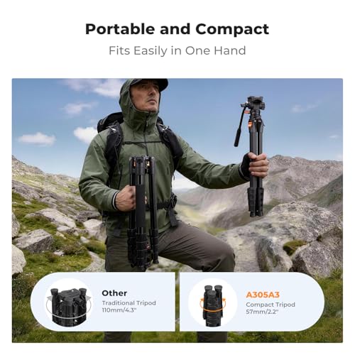 K&F CONCEPT 73” Camera Tripod with Fluid Head, Aluminum Travel Tripod for Video, Smooth Pan/Tilt for DSLR Mirrorless Camcorder, Max Load 6.6lb, for Live Streaming Vlog & Spotting Scope