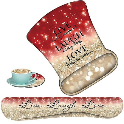 Keyboard Wrist Support + Wrist Mousepad + Coaster Combination, Non-Slip PU Base, with Gel Memory Mousepad, Suitable for Gaming, Office Pain Relief Mousepad Set - Red Glitter Quote ?Live Laugh Love - color: Red Glitter Quote ?Live Laugh Love