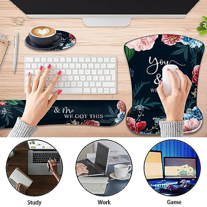 Keyboard Wrist Support + Wrist Mousepad + Coaster Combination, Non-Slip PU Base, with Gel Memory Mousepad, Suitable for Gaming, Office Pain Relief Mousepad Set - Bible Flower - color: Bible Flower