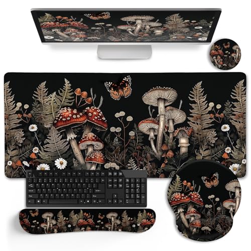 LIMKRIAN Mushroom Mouse Pad Set Large Desk Matt for Desktop Decor | Ergonomic Mouse Pad Wrist Rest, Gaming Computer Mat Keyboard Wrist Support, Coaster, Home Office Desk Accessories Supplies - color: XXL-Aesthetic Mushroom