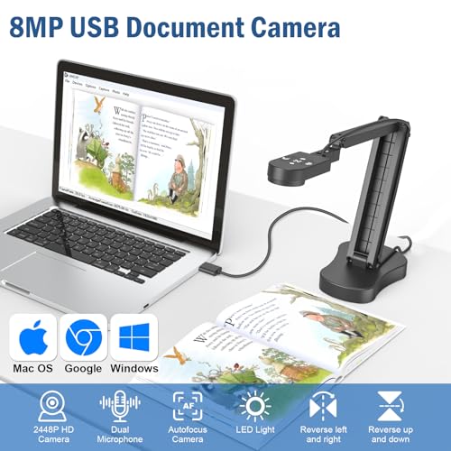 8MP USB Document Camera, Auto Focus, LED Light, Image Reversal, Built-in Mic, Mac OS, Windows, Chromebook for Distance Learning, Remote Teaching, Web Conferencing, Live Demo - color: Grey