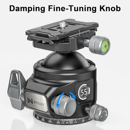 Tripod Ball Head with Knob Clamp 55mm Heavy Duty Ball Head with Mlok Rail Arca Swiss Quick Release Plate, WEYLLAN KH55 Low Profile Camera Tripod Head Mount for Hunting Photography Max Load 88lbs/40kg