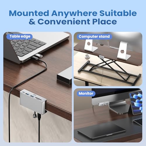 EJAY Clamp USB Hub Desk Mount, 5-in-1 Aluminum Mountable USB C Hub with SD/TF Card Reader, 59" Long Cable Under Desk USB Hub for iMac, MacBook, Floor PC, 5Gbps Desktop Hub, Silver - color: Silver