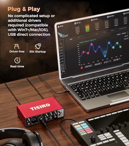 TISINO Audio Interface 24Bit/192kHz, USB Audio Interface for Recording, Songwriting, Streaming and Podcasting, Plug & Play Studio Interface with 48V Phantom Power, PC/Mac/iOS Compatible,RED