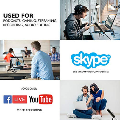 JOVIAL USB PC Recording Condenser Microphone - Blue LED, Adjustable Gain, Headphone Jack, Mute Control, Tripod Stand - Portable Pro Audio Condenser Desk Mic for Podcast Streaming Gaming