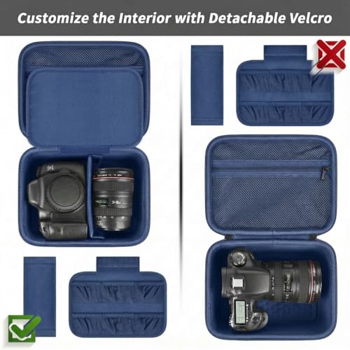 Comecase Hard Camera Case for Canon R50/R100/T7, for Sony A6400/ZV-E10 | Small Camera Bag with Hard EVA Shell, Adjustable Dividers, 6 Battery/SD Organizer Slots and Shoulder Strap, Dark Blue - color: Dark Blue