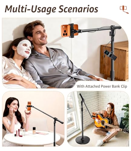 Overhead Phone Stand for Video Recording, Floor Stand Heavy Duty 360° Adjustable Boom Arm Phone Mount with Weighted Base for Cooking, Craft, Drawing, Live Streaming, Compatible with iPhone & Android