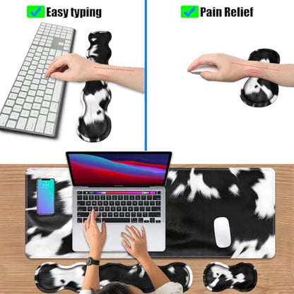4 in 1 Ergonomic Keyboard Wrist Rest & Mouse Pad Wrist Rest Set, Large XXL Gaming Desk Mat 31.5"x 11.8" with Non-Slip Base, Memory Foam for Home Office Study Gaming, Black and White Cow Print - color: Black and White Cow Print