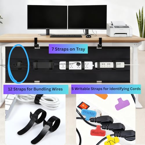 Under Desk Cable Management Tray, 36" Large No Drill Cord Organizer with Easy to Clean Oxford Fabric, Clamp On Power Stripe Holder for Home Office & Gaming Space to Hide Wires - size: Large (36 inch)