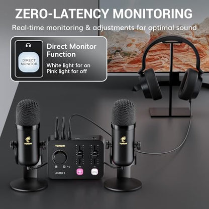 TONOR ASMR Microphone Equipment Bundle with Audio Interface, Immersive 3D Stereo Audio, Dual Condenser Mics with Audio Mixer, Clear Sound, Volume Control, with Furry Windscreens, Set for ASMR, Black - color: Black