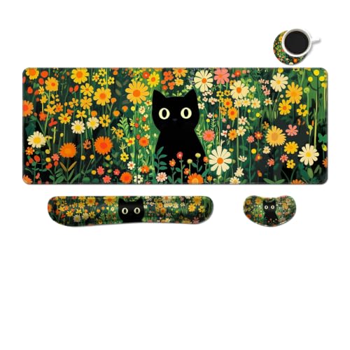 Desk Mat, Large Gaming Mouse Pad with Wrist Rest, 4 in1 XXL Mouse pad+Keyboard Wrist Rest+Mouse Pad Wrist Support+Cup Coaster Set, Ergonomic Desk Pad for Home Office,Floral Cat - color: 90