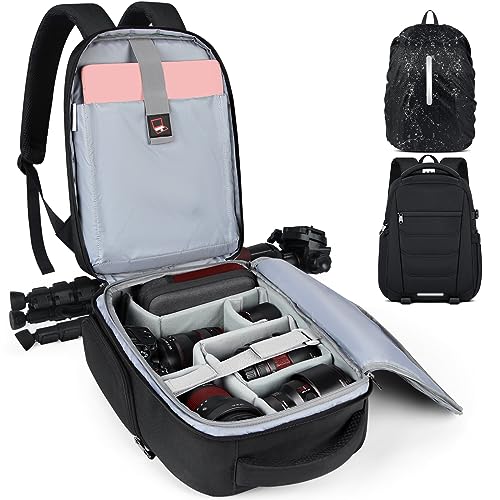 SDYSM Camera Bag Backpack Professional for DSLR SLR Mirrorless Camera Waterproof Laptop Back Pack 14 Inch with Rain Cover Anti Theft Travel Case Large Capacity Photography Backpack Black - color: Black, size: Medium