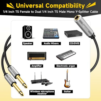 2-Pack 1/4 inch TS Mono Splitter Y Adapter, 6.35mm Mono Female to Dual 6.35 mm TS Mono Male Jack, Quarter inch Audio Speaker Splitter Converter Cable 1 Feet, Gold Plated Connectors - color: 6.35mm TS Female to Dual 6.35mm Male, size: 2 Pack