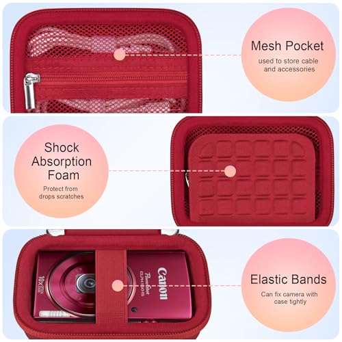Elonbo Carrying Case for Canon PowerShot ELPH 360 HS A/ 360 HS/ 360/ IXY 650 Digital Camera, Canon PowerShot ELPH 330/190/160/115/130/110 Camera Hard Travel Bag, Mesh Pocket fits Battery Cable, Red - color: Red