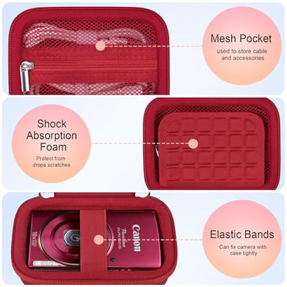 Elonbo Carrying Case for Canon PowerShot ELPH 360 HS A/ 360 HS/ 360/ IXY 650 Digital Camera, Canon PowerShot ELPH 330/190/160/115/130/110 Camera Hard Travel Bag, Mesh Pocket fits Battery Cable, Red - color: Red