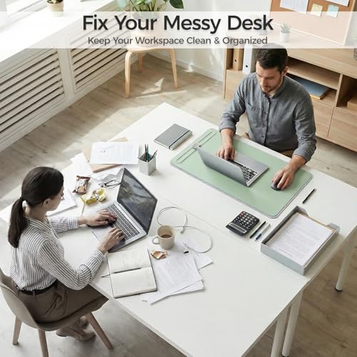 Premium Double-Sided Faux Leather Desk Pad – Non-Slip, Waterproof, with Magnetic Cable Organizer & File Storage – Designed for Offices & Creative Spaces – Durable & Easy to Clean（Green） - color: Green