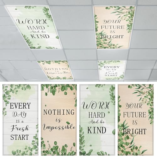 QOUBAI 4PCS Fluorescent Light Covers, 4x2 Feet Magnetic Light Cover Fluorescent Lights Shade Panel Positive Inspirational Ceiling Lights Filters for Office Classroom Home Drop Ceiling Eucalyptus - style: Eucalyptus