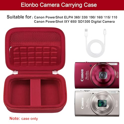 Elonbo Carrying Case for Canon PowerShot ELPH 360 HS A/ 360 HS/ 360/ IXY 650 Digital Camera, Canon PowerShot ELPH 330/190/160/115/130/110 Camera Hard Travel Bag, Mesh Pocket fits Battery Cable, Red - color: Red