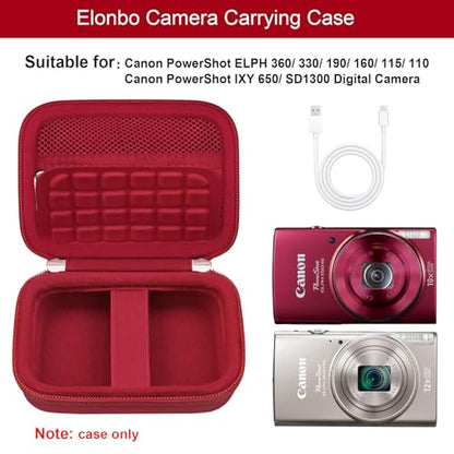 Elonbo Carrying Case for Canon PowerShot ELPH 360 HS A/ 360 HS/ 360/ IXY 650 Digital Camera, Canon PowerShot ELPH 330/190/160/115/130/110 Camera Hard Travel Bag, Mesh Pocket fits Battery Cable, Red - color: Red