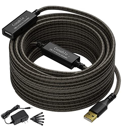 Active USB Extension Cable 100 Feet, USB 2.0 A Male to Female Repeater Cord, with 2 Extension Chipsets Signal Booster, 22AWG Tinned Pure Copper, (AC Power Supply Included) - size: Active 100FT