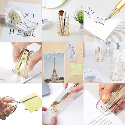 Famassi Gold Desk Accessories，Office Supplies Set Acrylic Stapler Set Staple Remover, Tape/Pen Holder, 2 Ballpoint Pen, Scissor, Binder/Paper Clips and 1000pcs Staples. - color: Gold