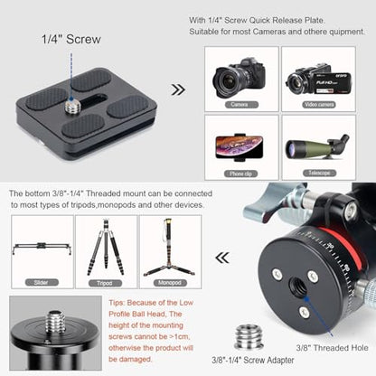Koolehaoda Low Profile Ball Head, Panorama Tripod Head Arca Swiss QR Plate | Φ36mm 360° Metal Panorama, 1/4" Screw Arca Swiss Quick Release Plate, DSLR Camera Tripod Monopod, Max Load 33lbs / 15kg - color: 36mm Ball Head