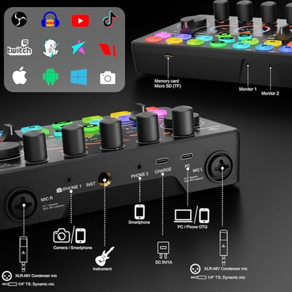 Podcast Equipment Bundle for 2, with XLR Dynamic Microphone, TF card, 5RGB,Surround Sound,Suitable for Live Streaming/TikTok/YouTube, Compatible with iOS,Android,PC,Camera RS2 - style: Audio interface+ 2 dynamic mics