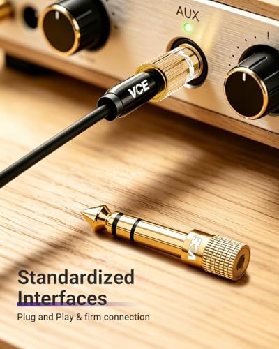 VCE 6.35mm Male to 3.5mm Female 1/4 inch to 1/8 inch 24K Stereo Audio Jack Adapter for Aux Cable, Guitar Amplifier, Headphone, 2 Pack - color: Black