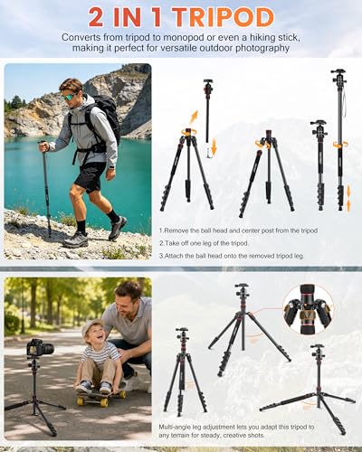 MACTREM 90in 2-in-1 Camera Tripod Monopod Aluminum Heavy Duty Travel Tripod | 360° Ball Head for Macro Photography, Max Load 33lb, Portable for DSLR & Phone, Includes Carry Bag for Travel & Vlogging - size: 80in/90in