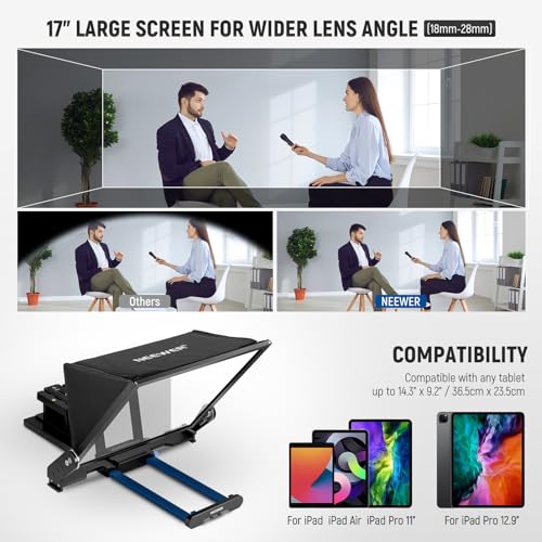 NEEWER Teleprompter X17 II with RT113 Remote/APP Control, 17" HD Beamsplitter All Metal Frame Upgraded Camera Mount QR Plate Compatible with Manfrotto 501PL iPad iPhone, Max Load 44.1Ib, Assembly Free - style: X17 II