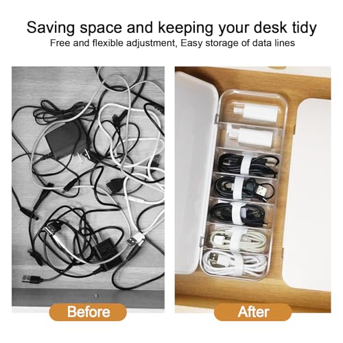 Cable Organizer Box with 14 Wire Ties and 6 Magnetic Cable Clips, Desktop Cord Management Box with Dividers and Lid for Home Office Storage – White - size: 2-Pack